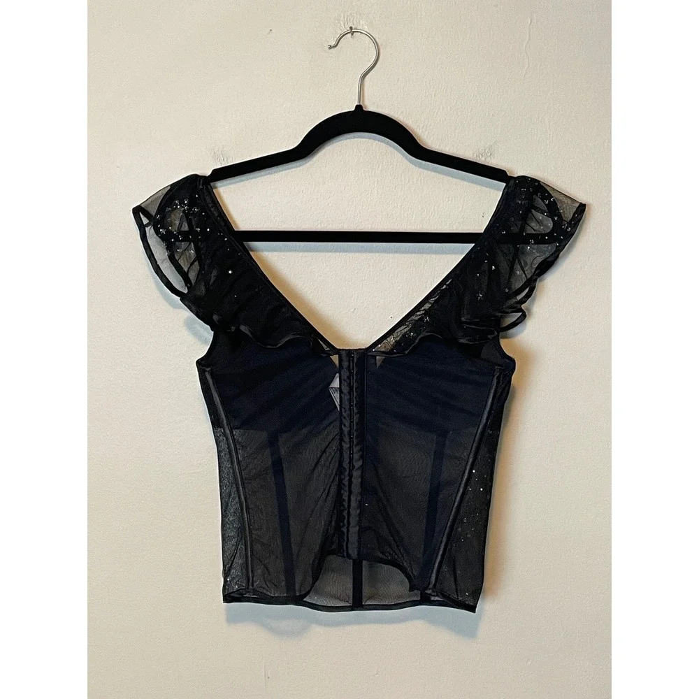 Victoria's Secret Black Silver Glitter Stars Sheer Ruffle Corset Top Size 36C - Picture 5 of 7